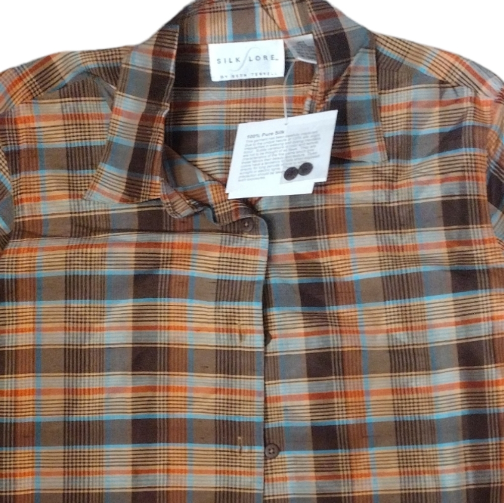 SILK LORE 100% PURE SILK LONG SLEEVE BUTTON DOWN SHIRT SIZE LARGE - Picture 2 of 8